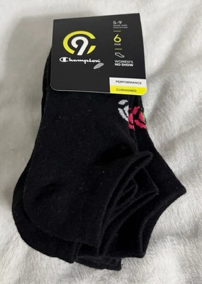 Champion, Meias Femininas No Show Pretas Performance, Conjunto de 6 Pares, Sapato Tamanho 5-9 - Imagem 1 de 2
