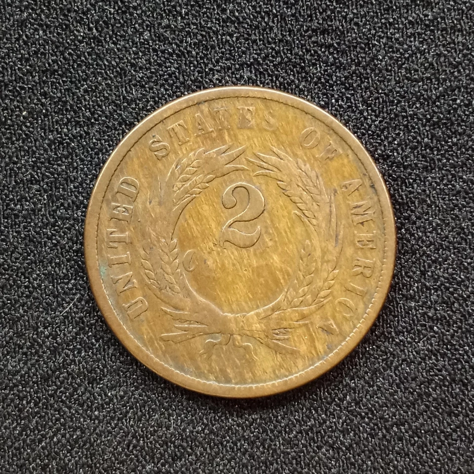 WOODY 1864 2 Cent Copper Coin Dbl Error Improper Alloy Mix and  Tilted Planchet - Image 1 of 4