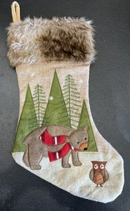 Weihnachten Urlaub Stoff Strumpf gefüttert beige Kunstfellbesatz Bär & Eule 19" - Bild 1 von 4