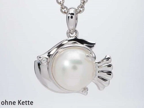 Schmuck Fisch-Anhänger Silber 925 rhodiniert SWZ-Perle X142 - Bild 1 von 1