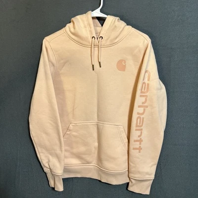 Carhartt Hoodie Womens Small Light Pink Relaxed Fit Logo Sleeve Sweatshirt - Image 1 of 4