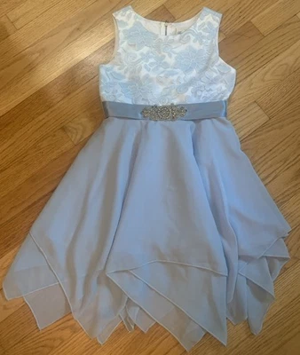 Rare Editions Girls' Blue Handkerchief Skirt Dress Ribbon Bow Size 8 - Image 1 of 4