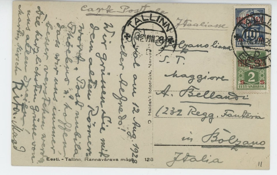 SUPERB 1928 ESTONIA-TALLIN TO ITALY MULTIPLE STAMPS 12M FOREIGN RATE POSTAL CARD - Image 1 of 2