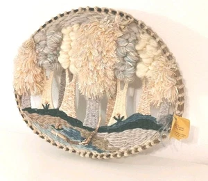 Vintage 70s Woven Fiber Art Trees Forrest Wall Hanging Sunset Hues 16.5 x 14" - Picture 1 of 11
