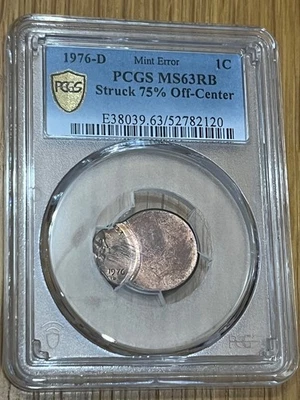 1976-D - 1C Mint Error - PCGS MS63RB Struck 75% Off-Center - Image 1 of 2