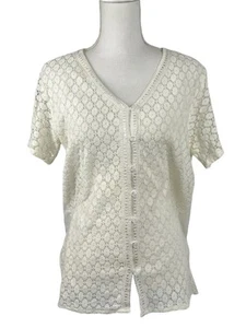 Glamour Women Blouse Size M Ivory Linen Blend Crochet Accents Short Sleeve USA - Picture 1 of 23