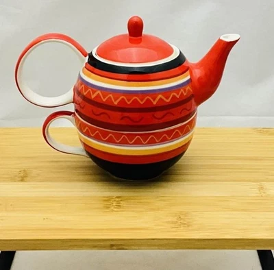 Chacult théière solitaire céramique rayé orange rouge noir 16 x 10,5 cm env - Photo 1/4