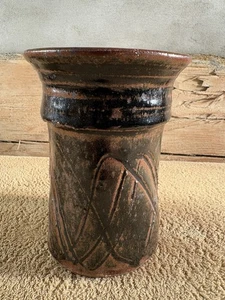 Art pottery vase Hand Made Signed Brown 5-3/4” Tall Blue - Picture 1 of 7