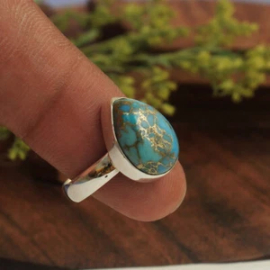 Blue Copper Turquoise Pear Gemstone 925 Sterling Silver Christmas Gift Ring - Picture 1 of 3
