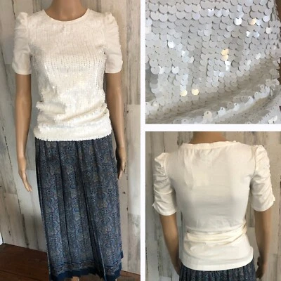 NEW Forever 21 Stretch Knit Top Sz S NWT Ivory Sequin Front Pullover Ruched Slv - Image 1 of 4