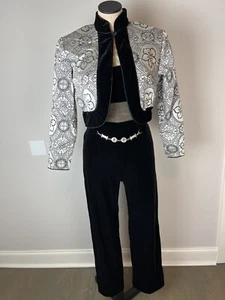 Vintage Cache Velvet Jumpsuit Brocade Jacket Set 6 Black Silver Mesh Midriff - Picture 1 of 19