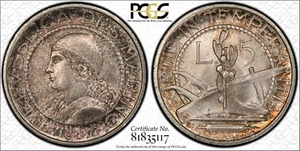 SAN MARINO 1937-R 5 LIRE SILVER COIN, GEM UNCIRCULATED, PCGS CERTIFIED MS-66 - Picture 1 of 3