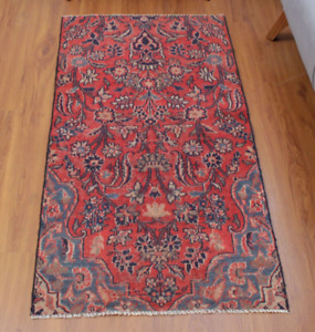 2x5 Floral Oriental Hand Knotted RED Vintage Wool Traditional Doormat Area Rug