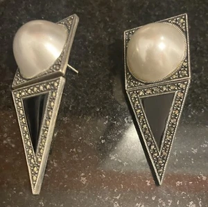Vintage Sterling Markasiten Perle Onyx große Ohrringe - Bild 1 von 3