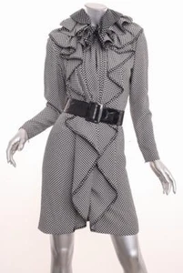 GALANOS *VINTAGE* Black+White Checkered Long-Sleeve Ruffle Belted Dress XS - Picture 1 of 5