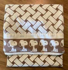 Vtg Utica Stevens Peanuts SNOOPY Twin Flat Sheet Fabric Brown/Ivory