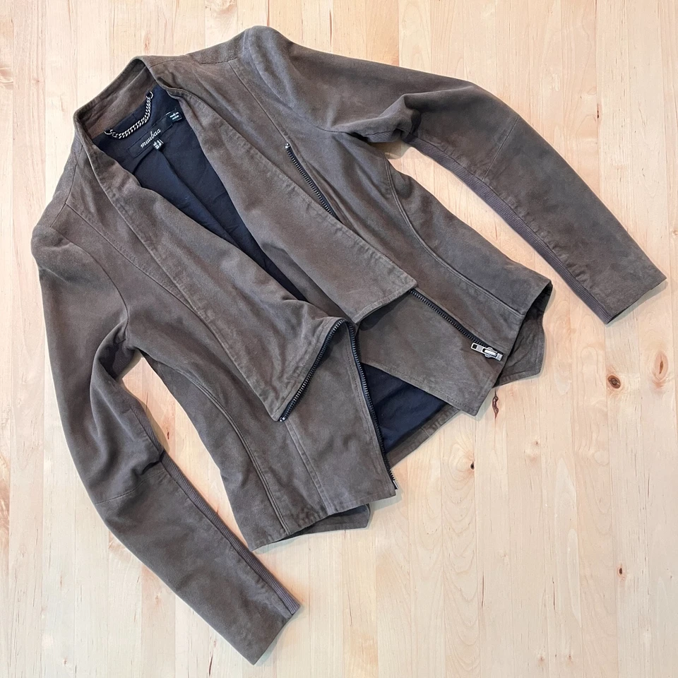 Blazer Chaqueta Corta Muubaa $398 Gamuza Cuero EU 34 US 0/2 XS Gris Masón/Marrón Foto 1 de 4