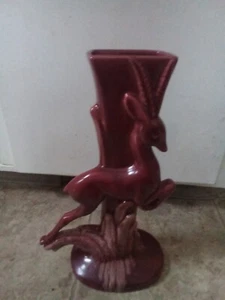 Royal Haeger R706 Prancing Gazelle Antelope Tall Vase 15" Burgundy Glaze USA - Picture 1 of 6