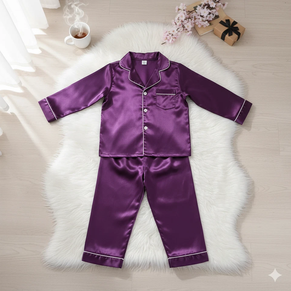 Conjunto de pijama de satén para niños con botones manga larga ropa de dormir pijama suave sedoso Foto 1 de 1