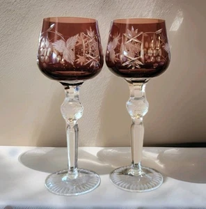 Set Of 2 Bohemian Ruby Cut To Clear 8" Wine Stem Glasses - Picture 1 of 6