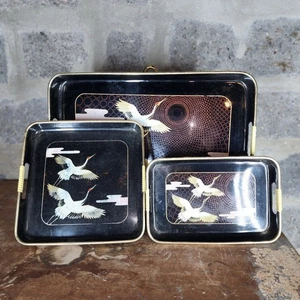 VTG 1970's JAPAN Lacquer Ware Cranes 3 Tray Set Japanese Cranes Nesting - Picture 1 of 10