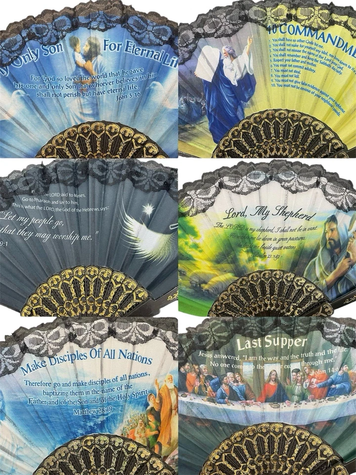 Juego de 12 abanicos de mano religiosos de verano negros con bolsa de regalo/ventilador plegable bautizo favor Foto 1 de 4