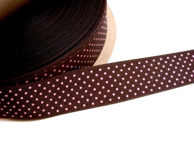Brown with Pink Confetti Dot Grosgrain Ribbon 1 1/2" wide x 10 yards Polka B6 - Image 1 of 3