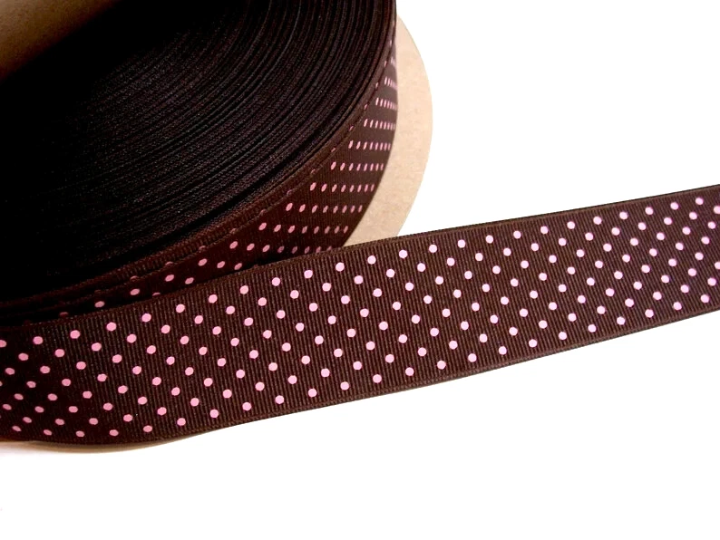 Brown with Pink Confetti Dot Grosgrain Ribbon 1 1/2" wide x 9 yards Polka B57 - Image 1 of 3