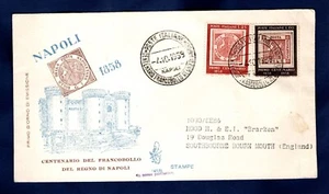 ITALIA 1958 CENTENARIO FRANCOBOLLO REGNO DI NAPOLI SU BUSTA PRIMO GIORNO - Picture 1 of 2