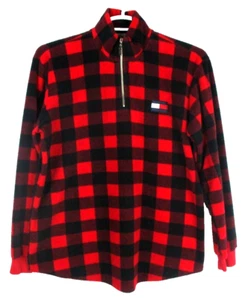 Tommy Hilfiger Sweater Pullover Quarter Zip Plaid Red Black Logo Men's Size M - Picture 1 of 12