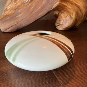 COYOTE ROADHOUSE Ceramic Pottery Ikebana Brown Green MCM Round Vase Flower Frog - Picture 1 of 5