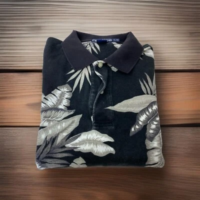 Nautica Men’s L Large Black White Leaf Floral Cotton Heavy  Polo Shirt - Image 1 of 4