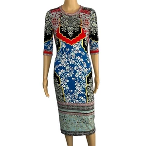 Alice + Olivia Delora Fitted Dress Size 2 Crew Neck Palace Daffodil Stretch Midi - Picture 1 of 8