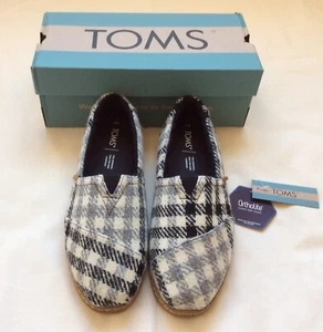 TOMS Black White Houndstooth Plaid Alpargata Leather Faux Shearling Shoes Size 8 - Picture 1 of 10