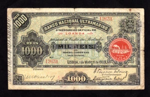 Angola 1000 Reis 1909  Loanda  P-27   VG - Picture 1 of 2