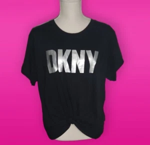 DKNY SPORT L großes kurzes Damen-T-Shirt zum Binden schwarz silber Logo Baumwolle - Bild 1 von 8