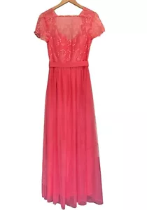 Little Mistress Lace Maxi Dress, Pink Overlay Bodice, Prom Dress, Size UK 8 - Picture 1 of 10