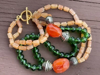 Collar de cuentas de cuarzo tostado y cornalina grande verde peridoto piedra natural palanca Foto 1 de 4