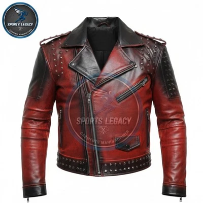 Punk red  Leather Biker Jacket With Fur Collar – Premium Handmade - Image 1 of 3