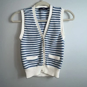 Hunters Run Girls Youth Small Crochet Vest Blue White Striped Button Up Buttons - Picture 1 of 9