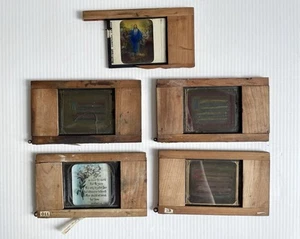 5 Antique Religious Magic Lantern Slides Wood Frame, Sweet Hour Of Prayer Etc. - Picture 1 of 9