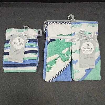 Carter’s Alligator 2 pc Baby hooded towel set + 6 Washcloths blue green Kids - Image 1 of 4