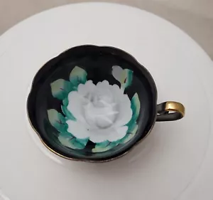 Hand Painted White Cabbage Rose on Black Teacup ONLY Made in Japan Vtg 2in" - Picture 1 of 8