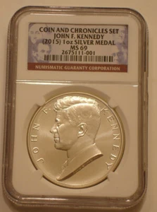 2015 JOHN F KENNEDY JFK 1 oz .999 Silver Medal NGC MS 69 COIN AND CHRONICLES - Picture 1 of 4