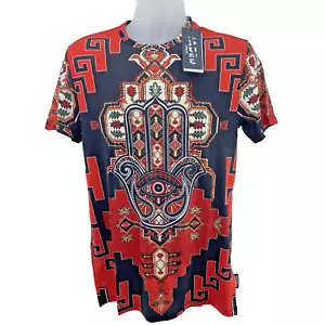 Jaded London Herren T-Shirt, Ethno Print, Gr. XS, rot/multi - Bild 1 von 17