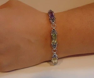 RECTANGULAR BRACELET W/ MULTI-COLOR GEMSTONES/ 925 STERLING SILVER / 7'' LONG - Picture 1 of 9