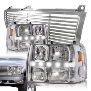 Chrome Housing DRL LED Head Lights + Grille Fit 99-02 Chevy Silverado 1500 2500 - Bild 1 von 4