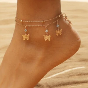Butterfly Gold Anklet for Women, Heart Crystal Bracelet, Adjustable hooks - Picture 1 of 6