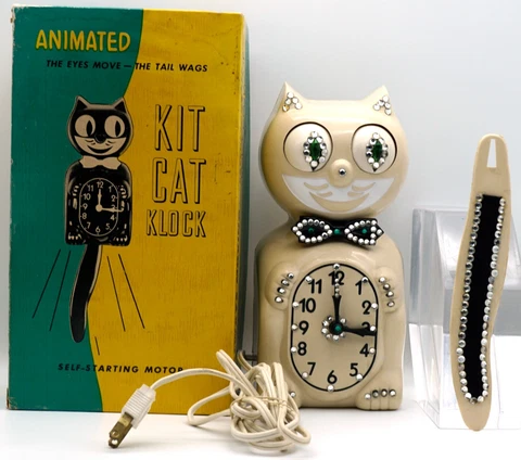 1960s VINTAGE Jeweled Beige ELECTRIC KIT CAT KLOCK - ORIGINAL in Box WORKS Cover