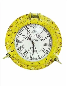 Nautical Porthole Wall Hanging Clock Ship Yellow Patina Finish For Wall Decor - Picture 1 of 4